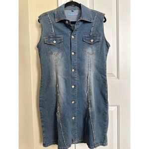 Vintage‎ Y2K APOLLO Jean Denim Dress Sleeveless Button Up Distressed Mini